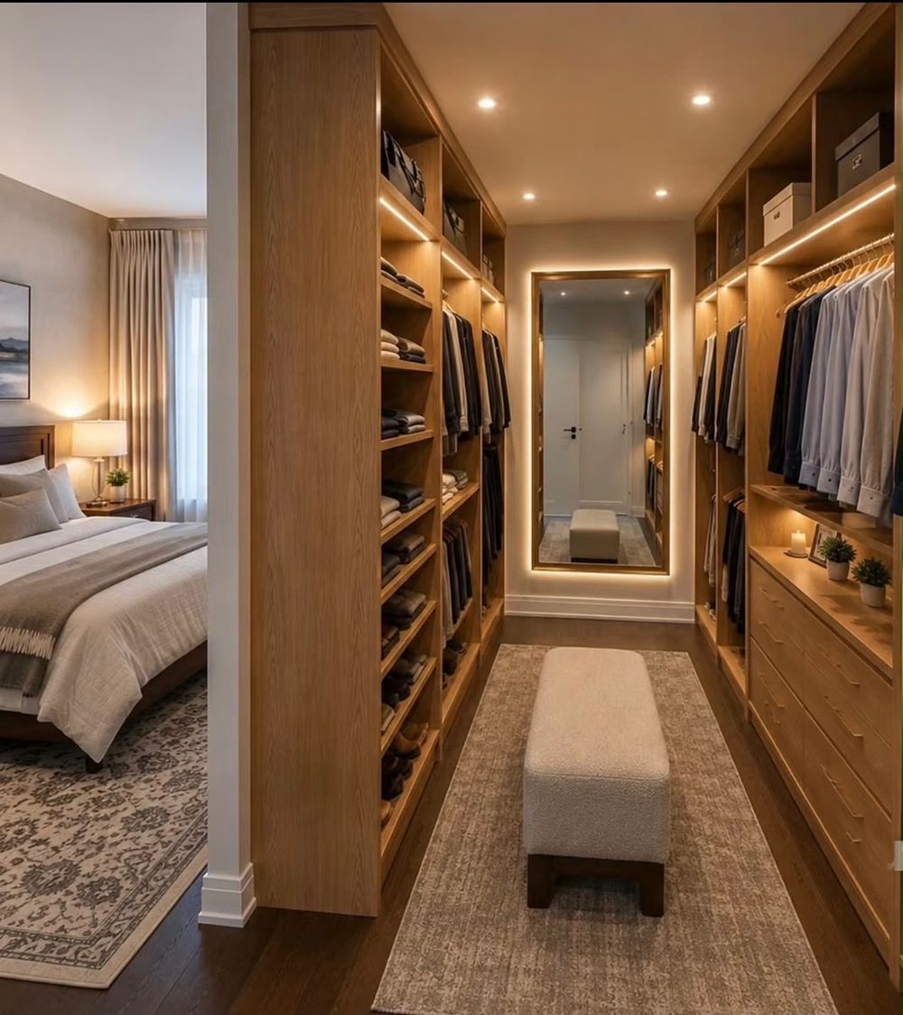 Wood-tone walk-in closet with bench
