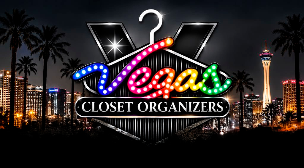 Vegas Closet Organizers neon logo over the Las Vegas skyline at night