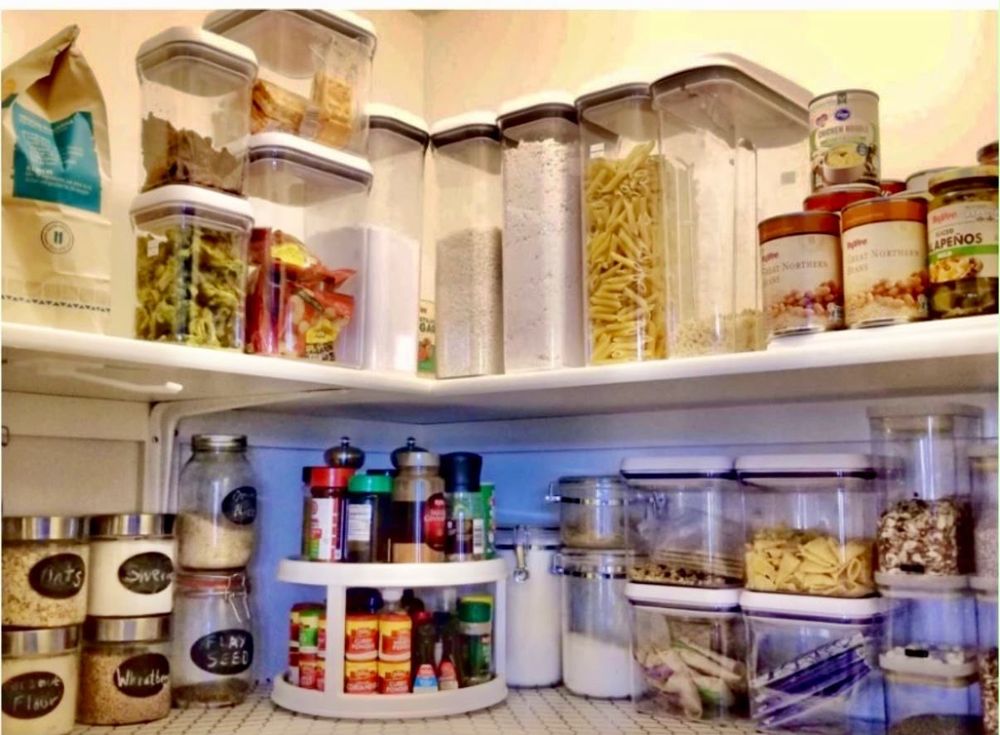 Pantry shelf with clear canisters and turntables