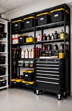 Garage with black shelving, labeled bins and a tool chest