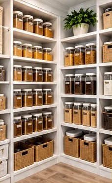 Pantry with matching clear jars and woven baskets